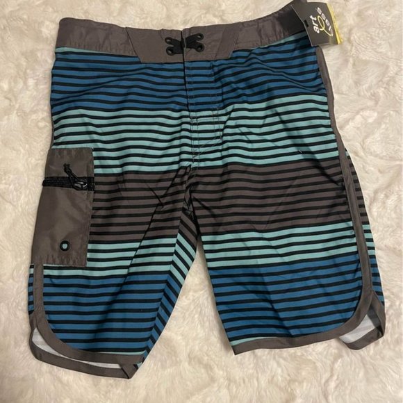 Boys' Striped Swim Shorts with Mesh Liner-Blue/Gray-art class - Picture 1 of 3